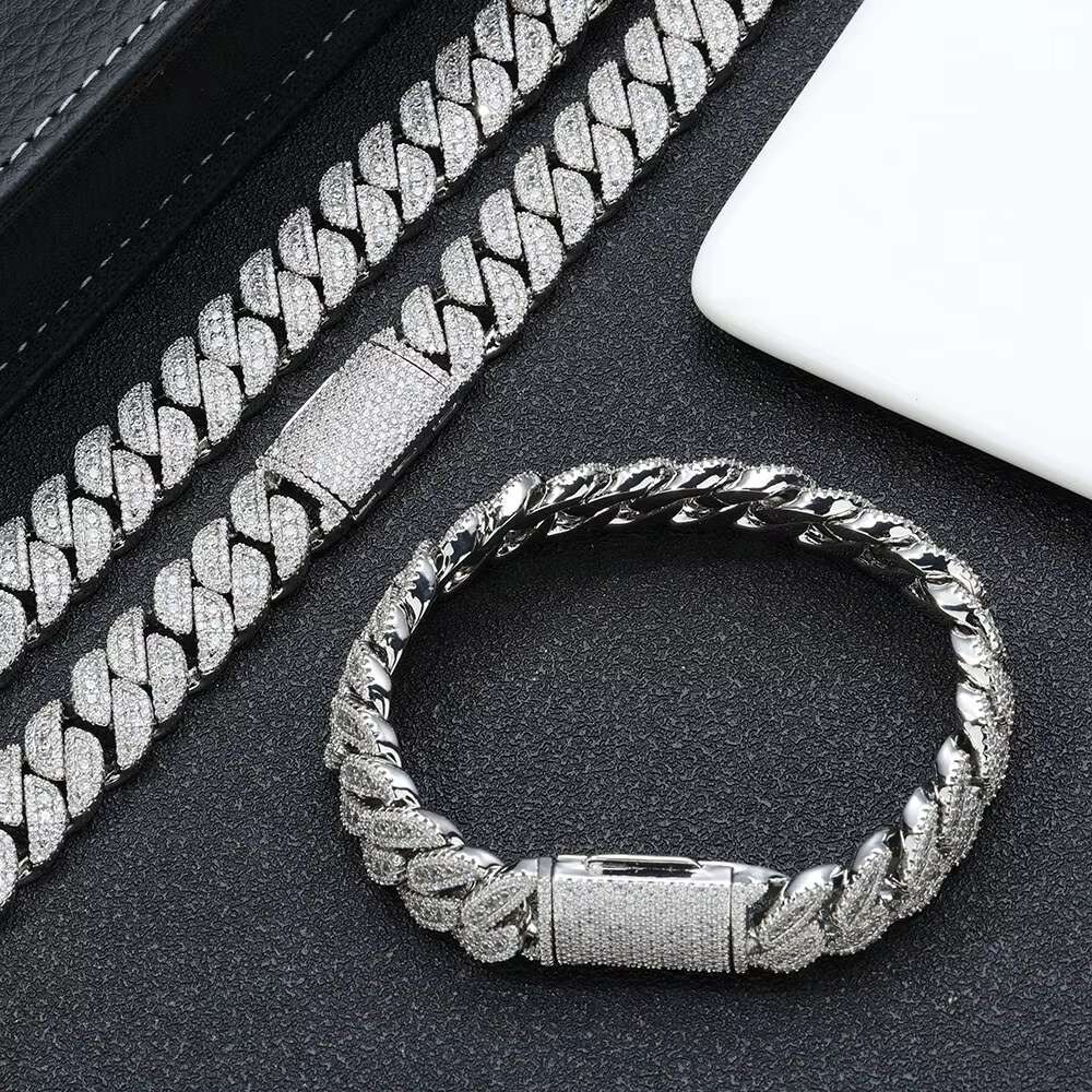 NUOYA 14MM Miami Cuban Link Chain Necklace Custom Iced Out Diamond Silver Plated Luxury Hip Hop Jewelry