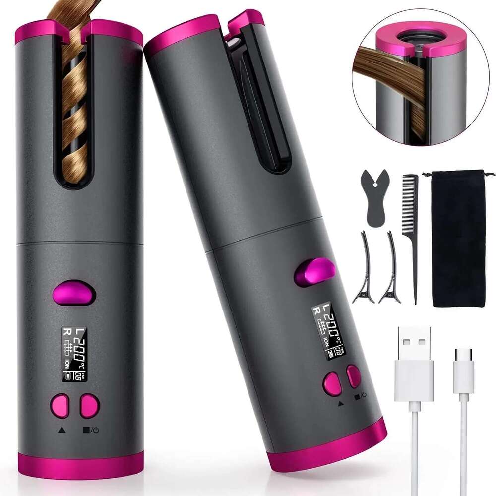 Automatic Wireless Cordless Rotating USB Rechargeable Curling Iron Display Temperature Adjustable Timing Hair Curler
