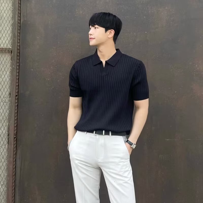 Lightweight Mature Polo Shirt Men's Korean Version Slim Fit Lapel Solid Color Casual Fashion Knitted T-shirt Designer Clothing