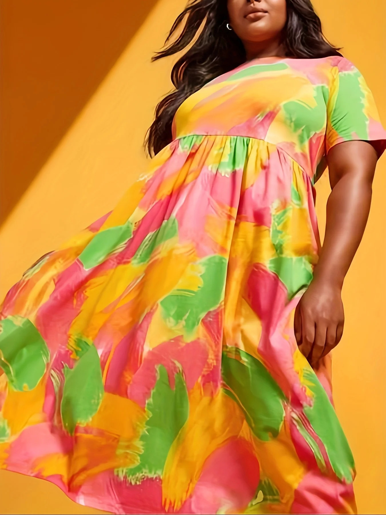 Plus Size Womens Rainbow Print Dress Waist Pleats Bright Colors Stylish Girly Style Knitted Fabric Cool And Breathing Summer 250515