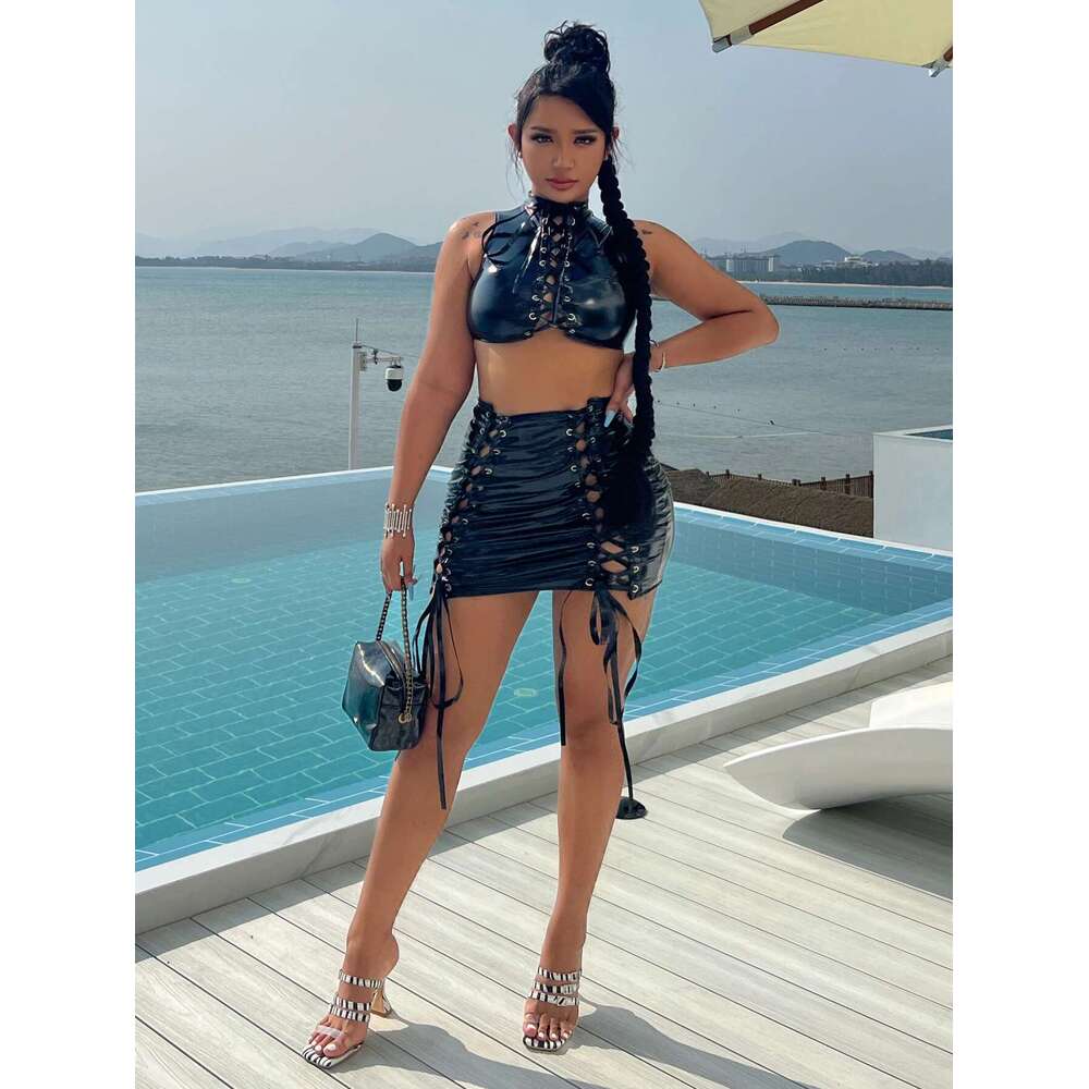 Women Sexy Lace Up PU Leather Hollow Out Crop Top And Bodycon Mini Skirt Two 2 Piece Sets Fashion Street Party Outfits