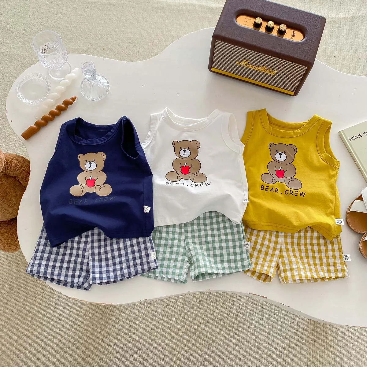 Korean Fashion Kids Clothes Baby Boy Girl Summer Cartoon Bear Print Sleeveless Tops Shorts Unisex Two Piece Set 1-5yrs 250515