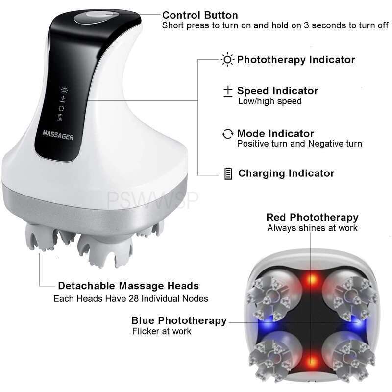 4D Smart Head Electric Brush Neck Shoulder Red Blue Light Hair Care IPX7 Waterproof Wireless Scalp Massager