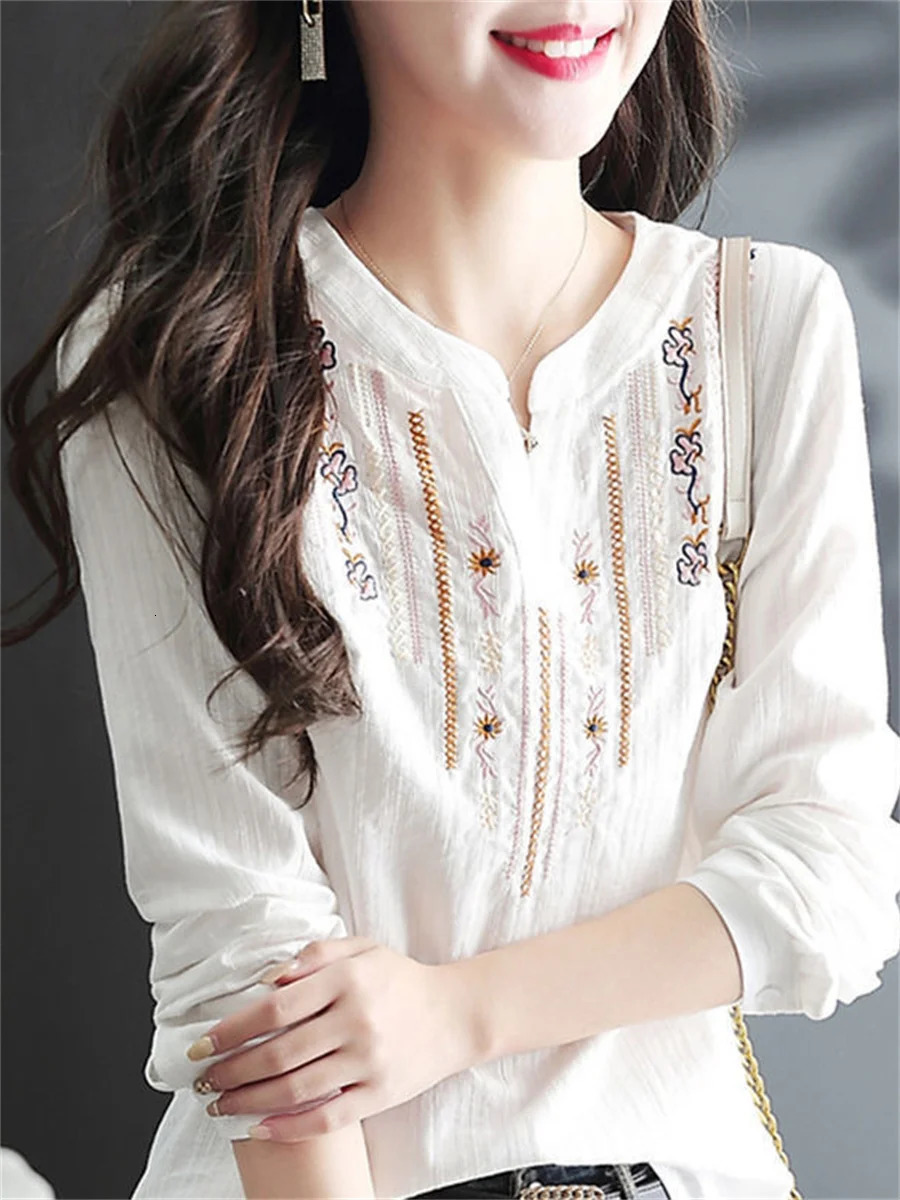 Womens Spring Autumn White Blouses Tops Lady Casual y VNeck Long Sleeve Vintage Loose Top DF4272 250515