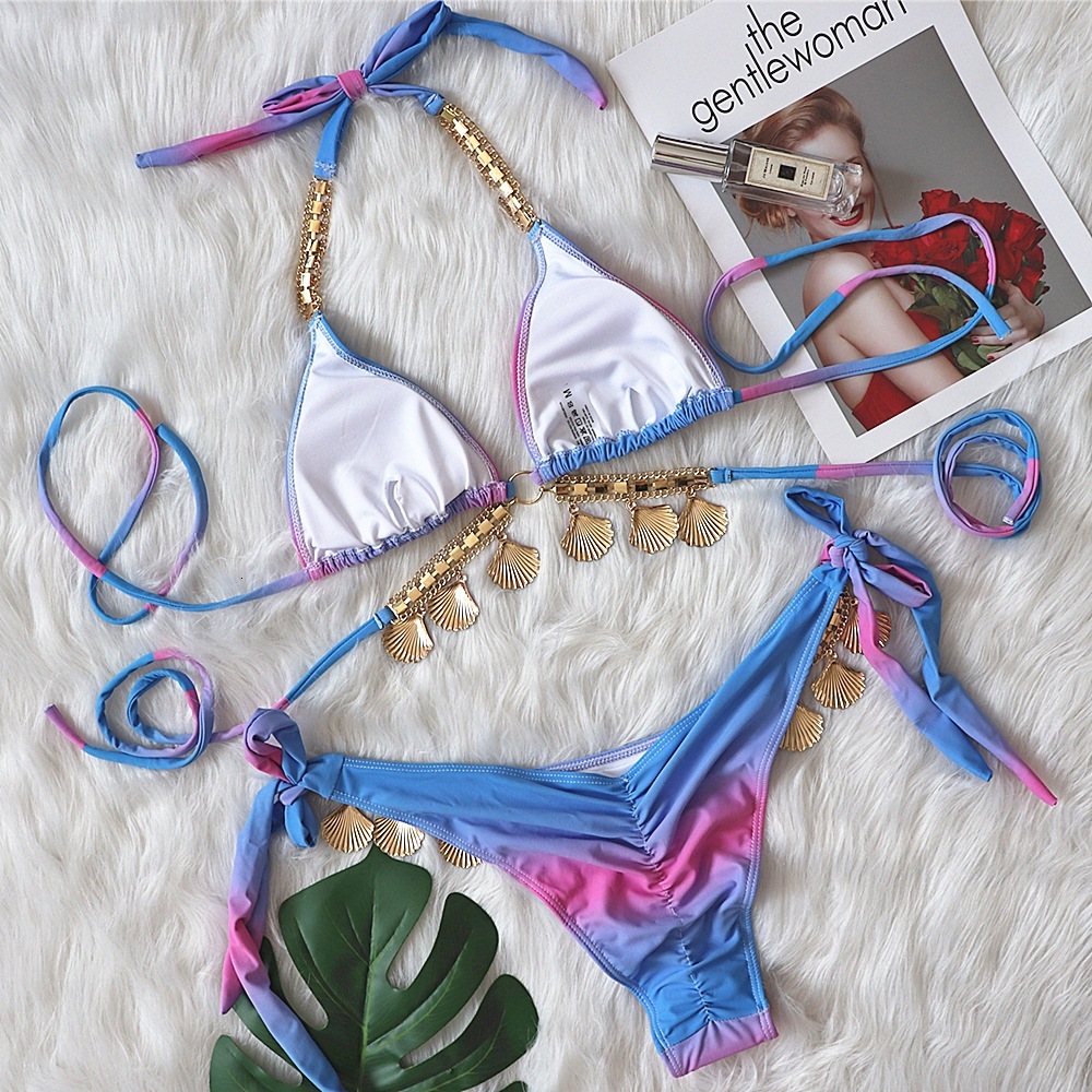2025 Designer's New Sexy Camisole Bikini Gradient Print Split Style Women's Swimsuit Luxurious Crystal Shell Decoration Fashionable Beachwea
