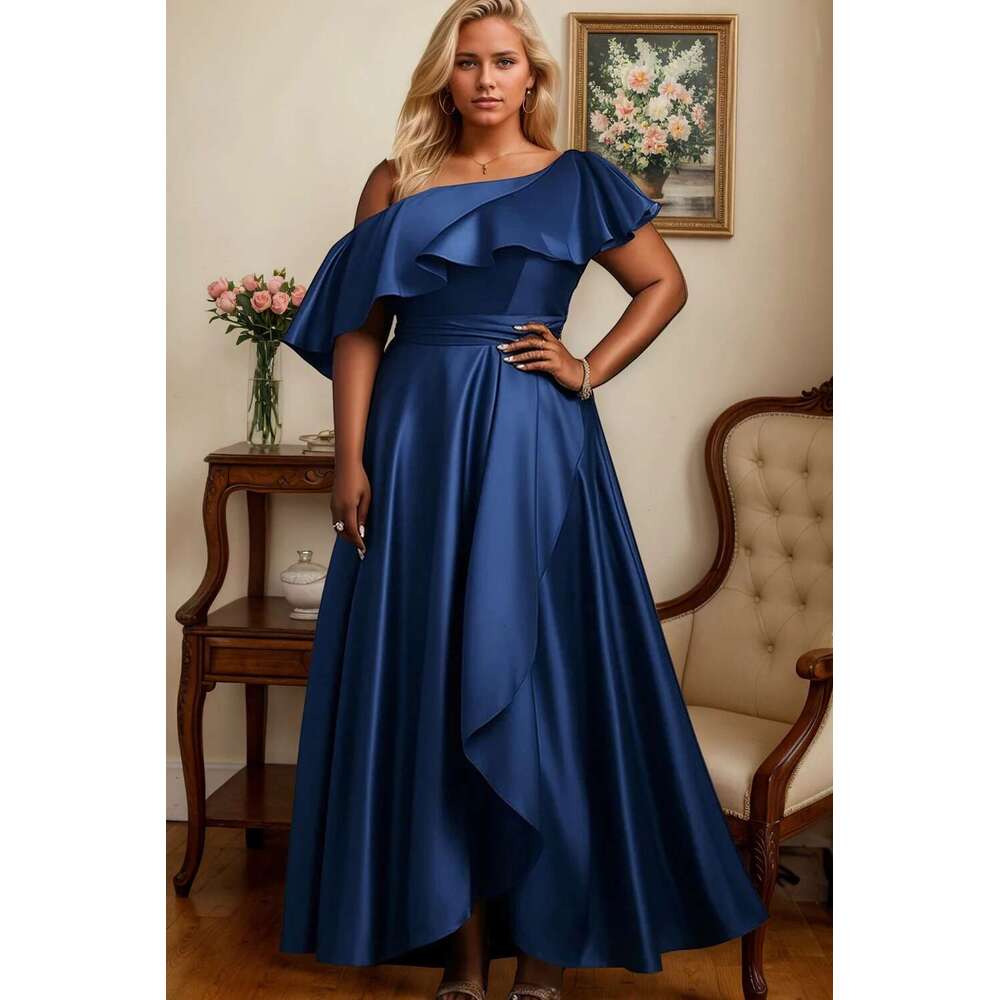 Satin Elegant Women's Plus Size Maxi Dress Ruffle One Sleeve Off the Shoulder Irregular Hem Party Evening Wedding Dresses 2025