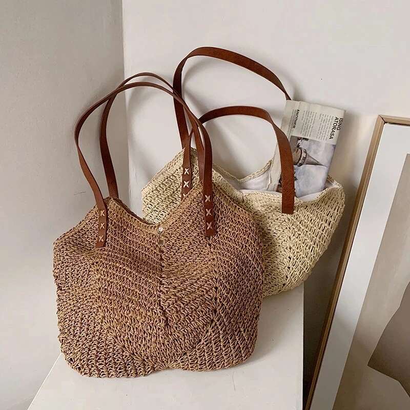 Summer Straw Woven Shoulder Rattan Beach Large Capacity Tote Bags Handmade Vacation Travel Handle Bag Shopping Handbag Bolsa