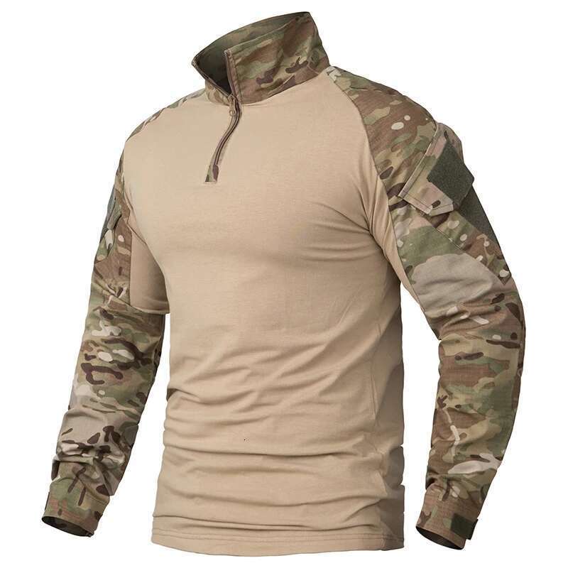Men's Camouflage Tactical 1/4 Zip Long Sleeve Combat T Shirt Cotton Camo Uniform Airsoft Shirts