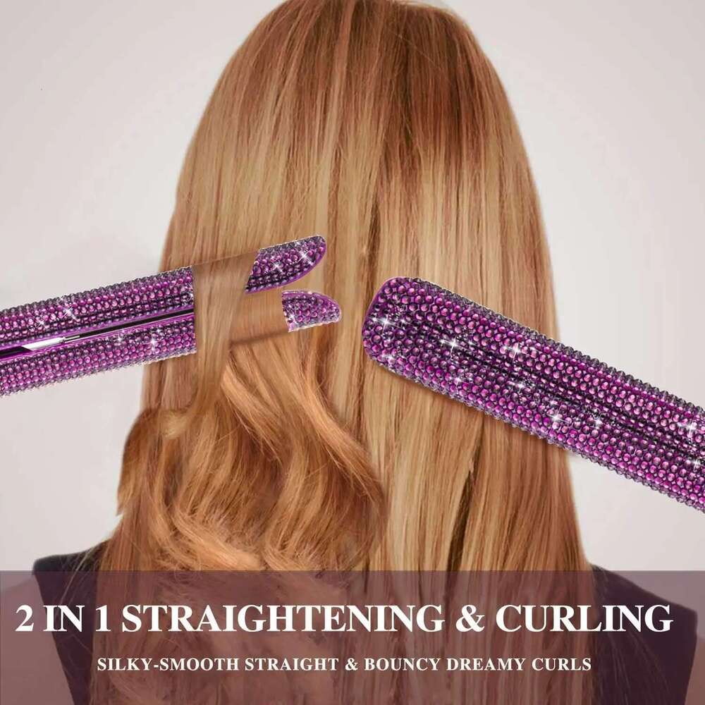 Professional Hair Straightener Titanium Flat Rhinestone Straightening Iron Salon High Heat 470F Dual Voltage LCD Display