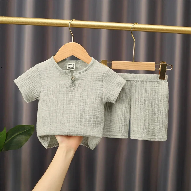 0-5Y Boys Girls Clothing Sets Summer Solid Cotton Linen T-shirtsElasctic Shorts Kids Clothes Casual Clothing Sets for Children 250515