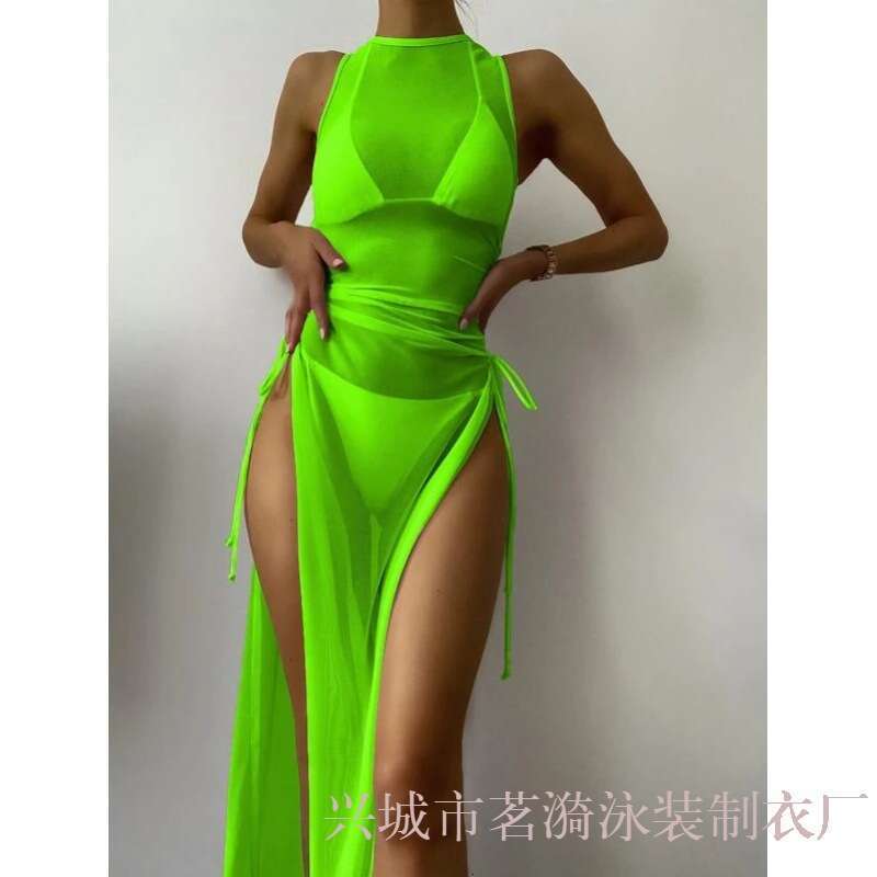 European and American bikini multi-color solid color long skirt sexy split three piece set women's swimsuit 2025 temperament versatile new trend 