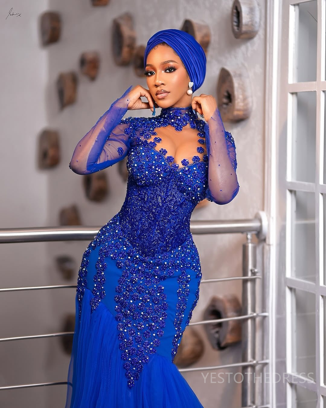 2025 Royal Blue Aso Ebi Prom Dress Mermaid Prom Dresses Evening Formal Gowns High Neck Appliqued Lace Birthday Dress Second Reception Gowns For Black 