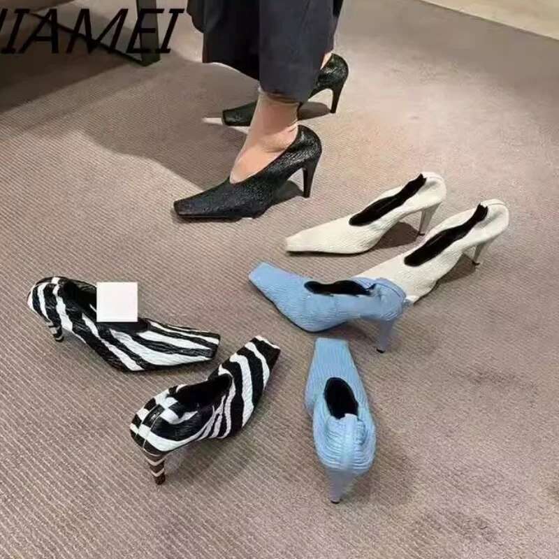 2025 Square Head Early Spring New Fine Zebra-Print Soft Leather Pleated Elastic Witch High Heel Deep Mouth Granny Shoes