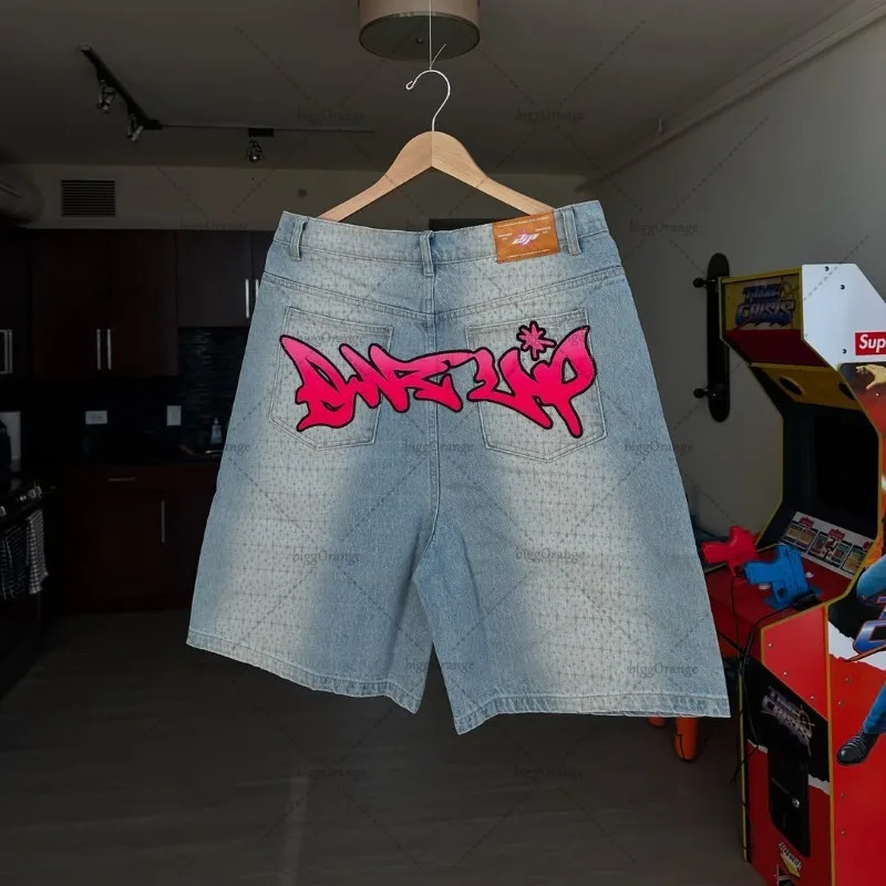American High Street Style Pants Letters Oversized Jeans Men Retro Casual Hiphop Waist Straight Shorts 250515