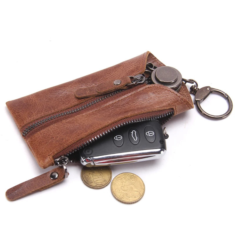 Vintage Genuine Leather Men Key Wallet For Car Keychain Covers Zipper Key Case Bag Male Key Holder Housekeeper Keys Organizer 250515