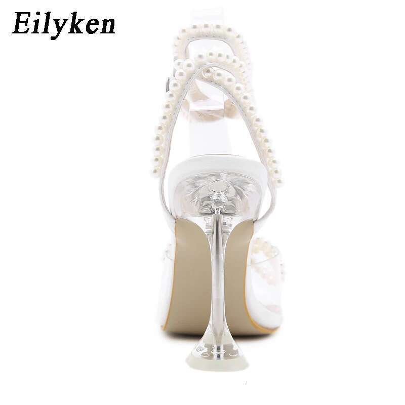 Eilyken New Women Sandals 2025 Summer Sexy Perspex Crystal High Heels Party Wedding Shoes Square Toe Pearls String Bowknot Pumps