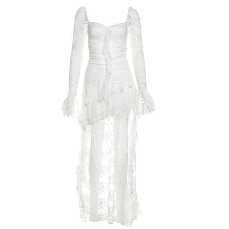 Wind 2025 Spring/Summer New Women's Solid Color High Waist Fashion Square Neck Long Sleeve Lace Splicing Dress