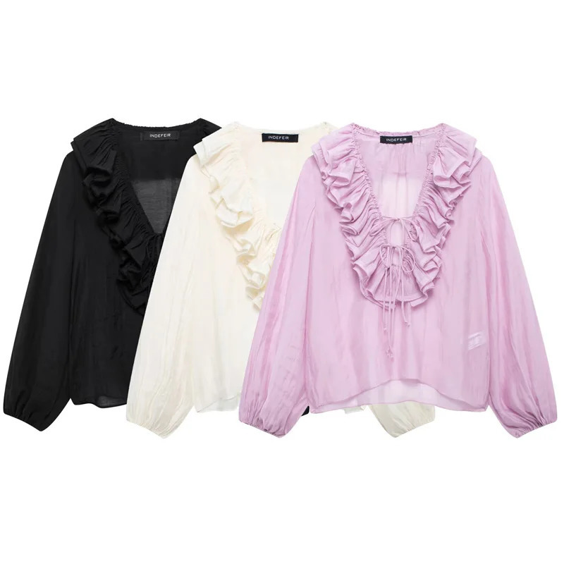 TRAF Woman Oversized Frill Blouse Spring Shirts Blouses SeeThrough Chiffon Long Sleeve Top Layered Plus Size 066 250515