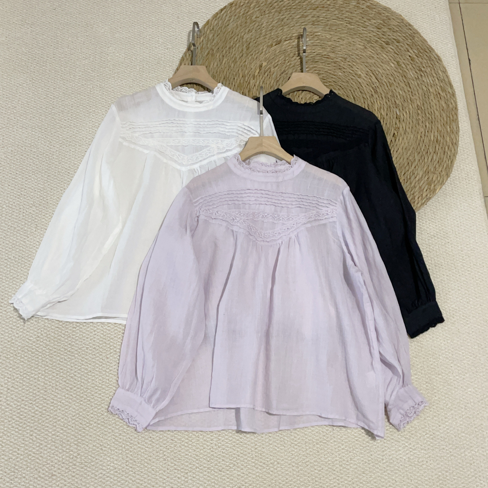 New Elegant Lace Stand Collar Blouse Shirt Sexy Hollow Out Floral Embroidery Feminine Blouses Women Long Sleeve Tops 210419