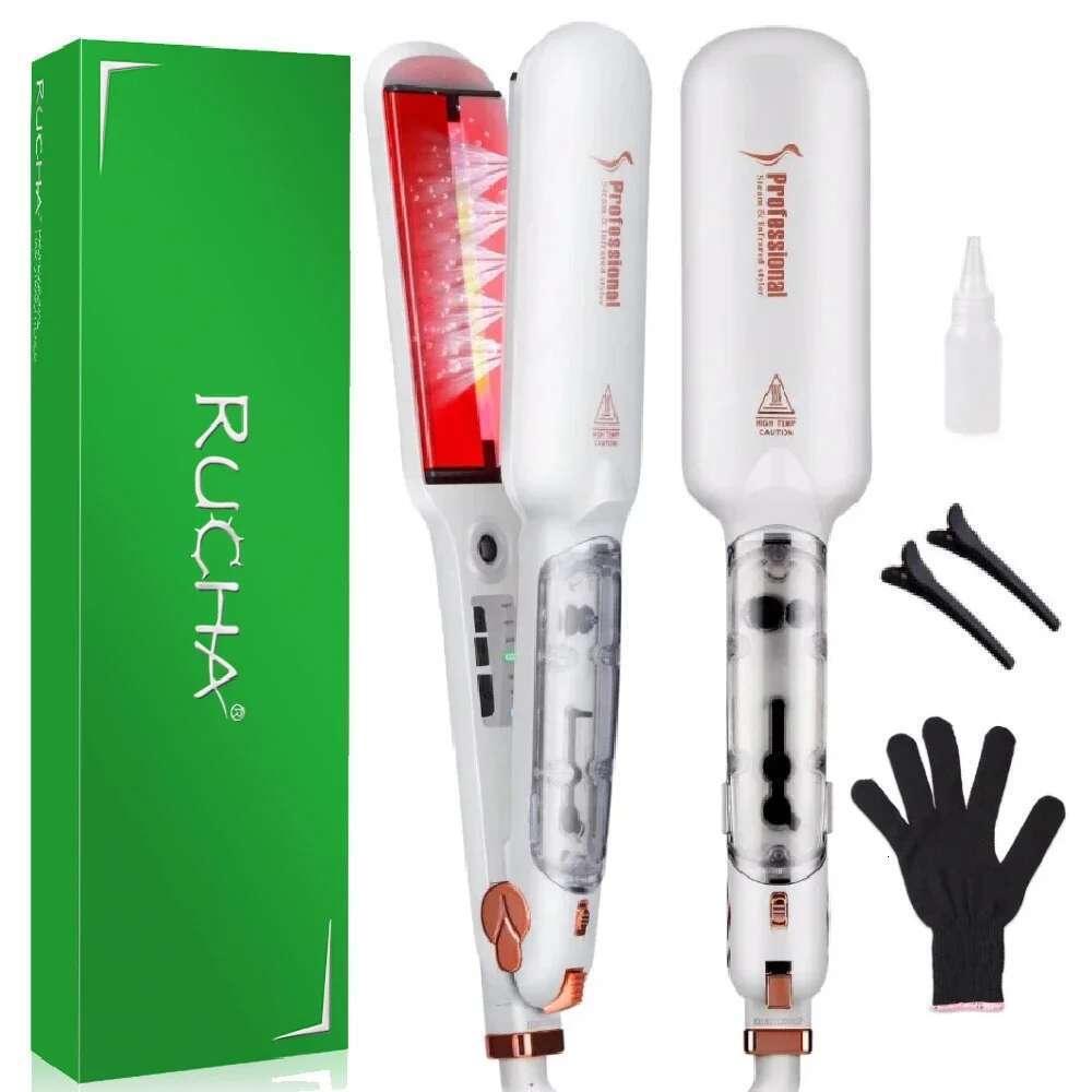 RUCHA Infrared Steam Straightener 2 Inches Wide Plate Hair Salon Steampod Ironing Styler Ceramic Tourmaline Flat Iron