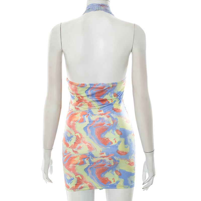Sexy Halter Backless Beach Holiday Print Mini Skinny Night Club Dress Party Evening Fashion Lace Summer Hollow Out Sundress