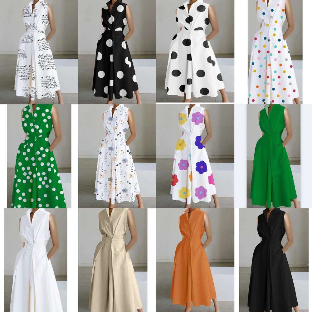 White Dress Maxi Dress 2024 Summer New Commuter Fashion Wave Dot V-Neck Women's Button Fishtail Dress KQ