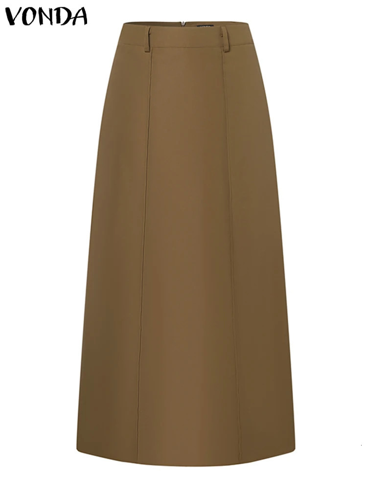 Plus Size 5XL Women Elegant Maxi Skirts Solid Color Skirt VONDA Fashion Pleated Casual Loose Pockets High Waist Bottoms 250514