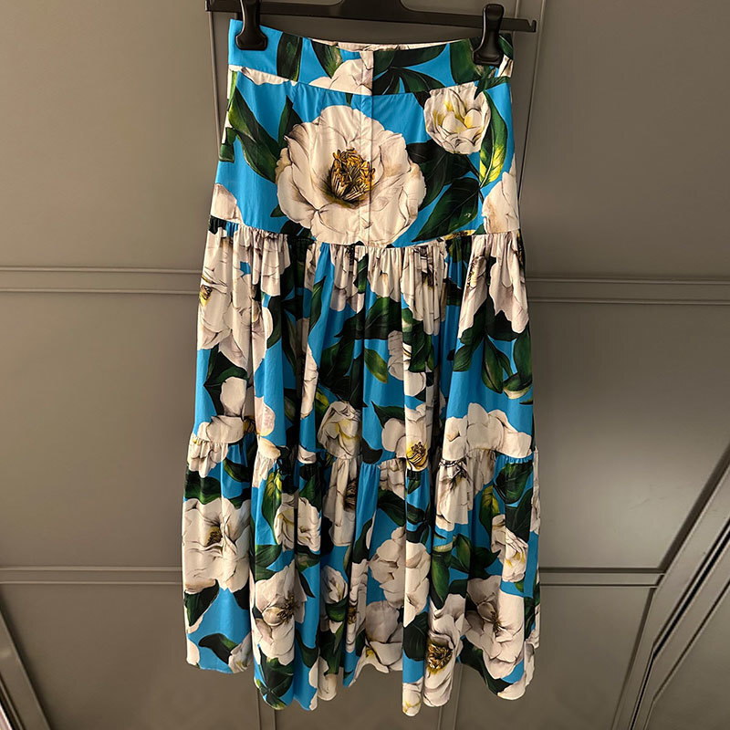 Women's Blue Floral Print Cotton Midi Skirt Summer New Arrival Designer Y2K High-Waist Calf-Length Pleated Skirt Fashion Classic Luxury Runway Cl