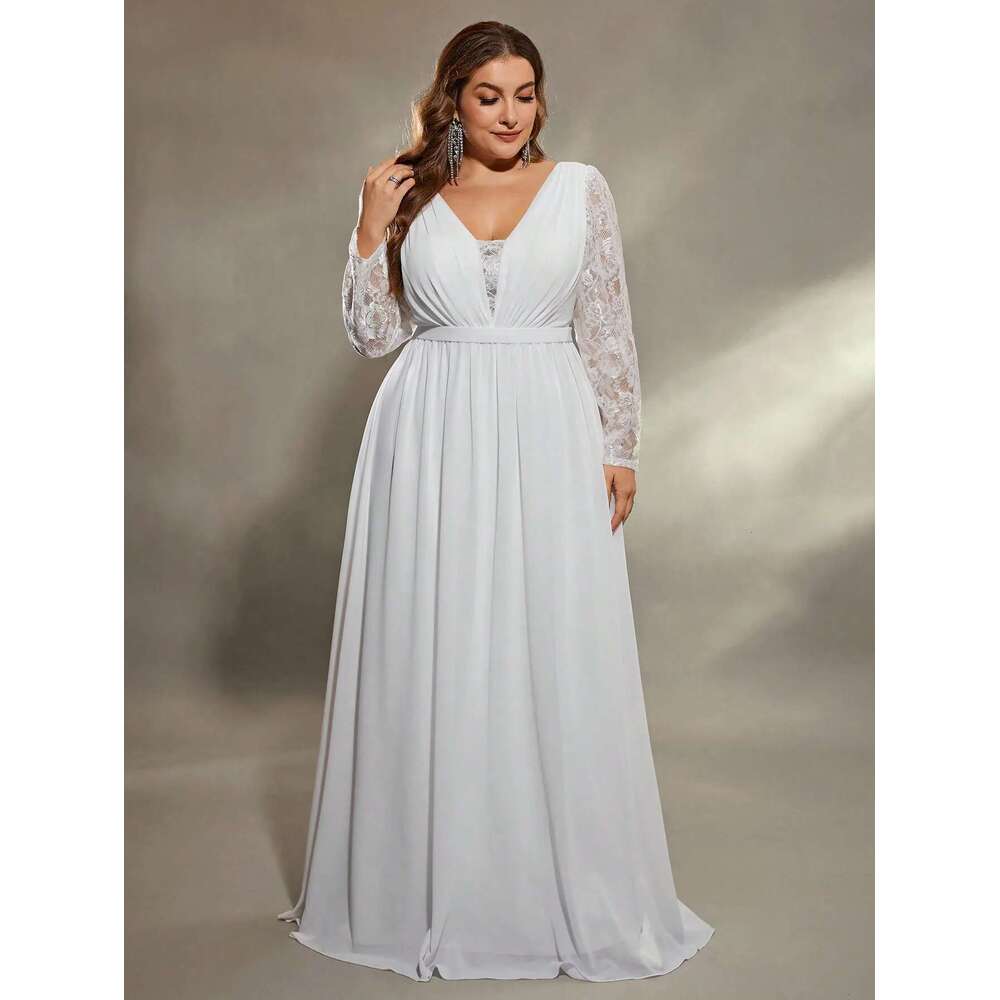 Mgiacy plus size Deep V shoulder lace long sleeve chest pleated chiffon wedding A full skirt Evening gown Ball dress
