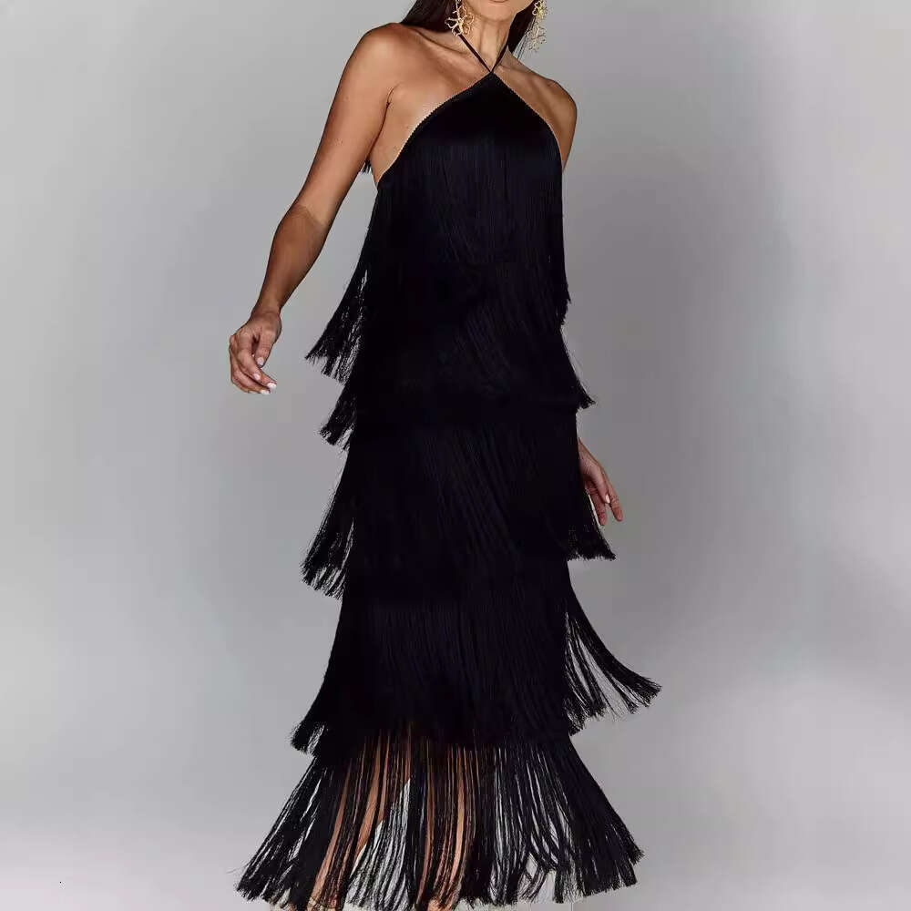 White Dress Maxi Dress Gy25044 Fashion Hanging Neck Tassel Open Back Split Dress KQ