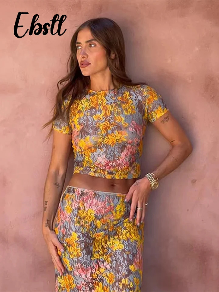 Fashion Printed Crop Top Skirts Set Women Sexy See Through Short Sleeve Shirt Slim Fit Long Skirt Summer Lady Beach Outfit 250515