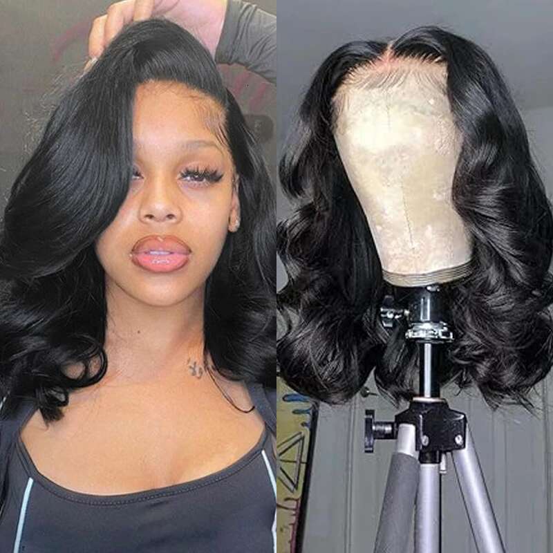 Body Wave Short Bob Wig 180 Density 13X4 Lace Front Human Wig 16 Inch 100% Brazilian Remy Pre Plucked With Baby Hair