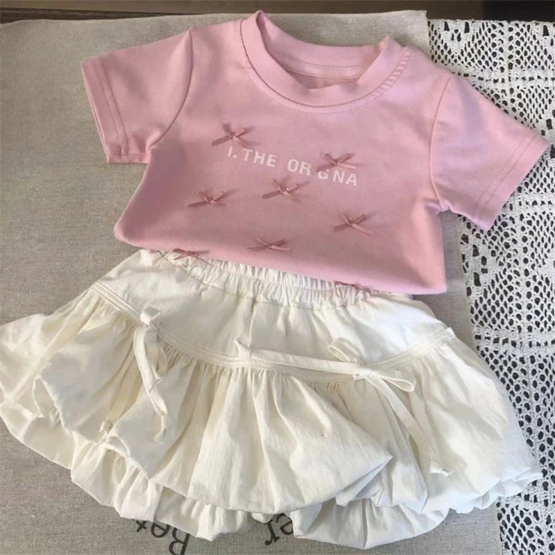 2-8Y Baby Girls Short Shirt Skirt Set Korean Sweet Ballet Style Princess Bow Top Short Sleeved Flower Bud Skirt Baby Dress Sets 250515