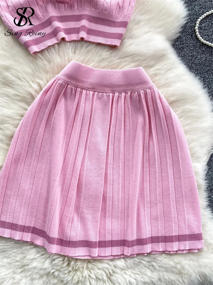 SINGREINY Summer est Knitting Two Pieces Sets Button Vintage Basic TopsHigh Waist Pleated Skirt Women Fashion 2pcs Suits 250515