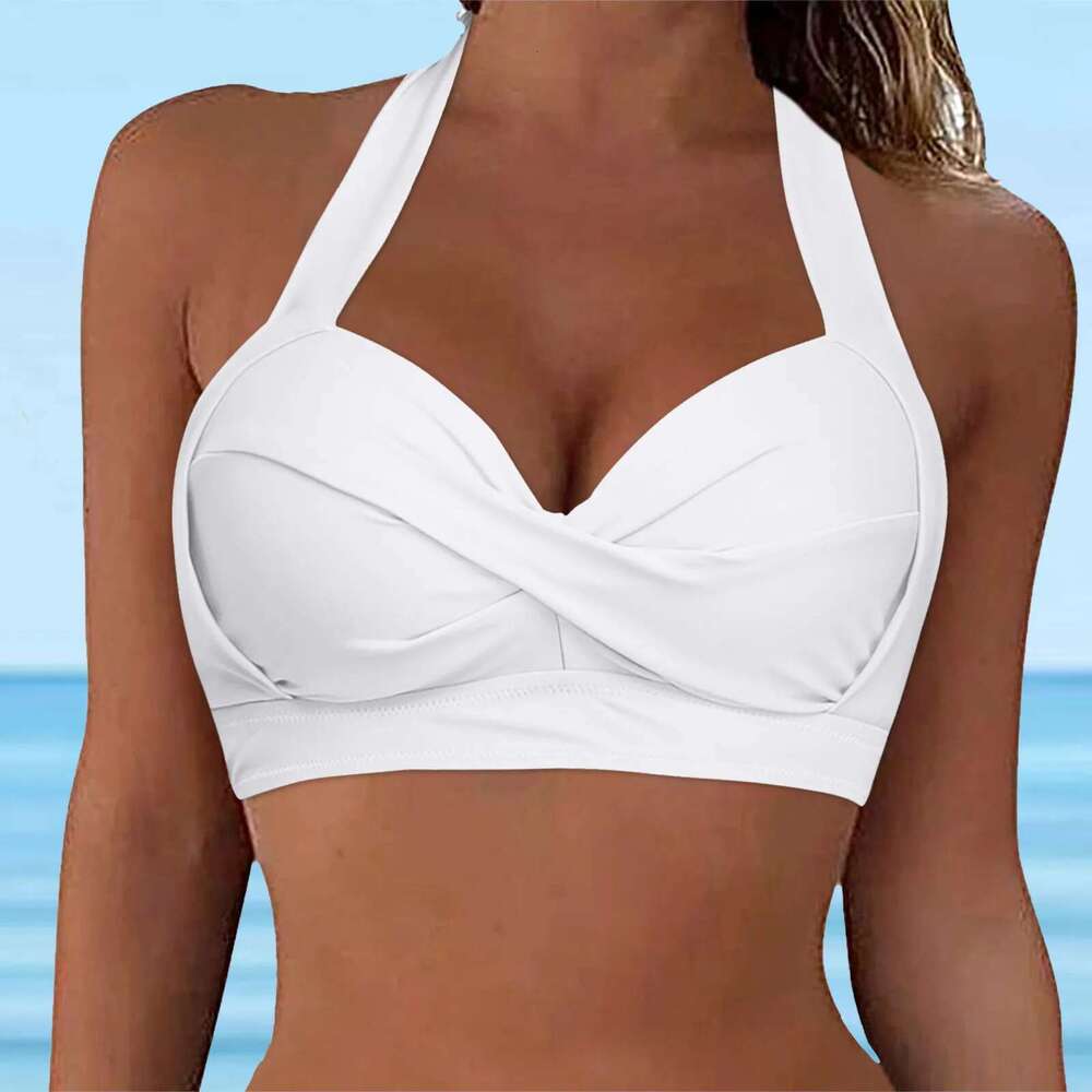 Women Solid Swimwear Hanging Neck Suspender Full Coverage Push Up Padded Bikini Backless Front Ruched Large Chest Bra