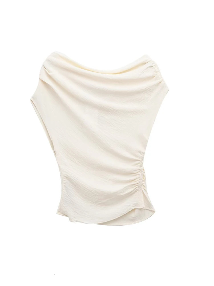 TRZA Womens Asymmetric Draped Blouse ONeck Sleeveless Chic Fashion Top Female Shirt 250515