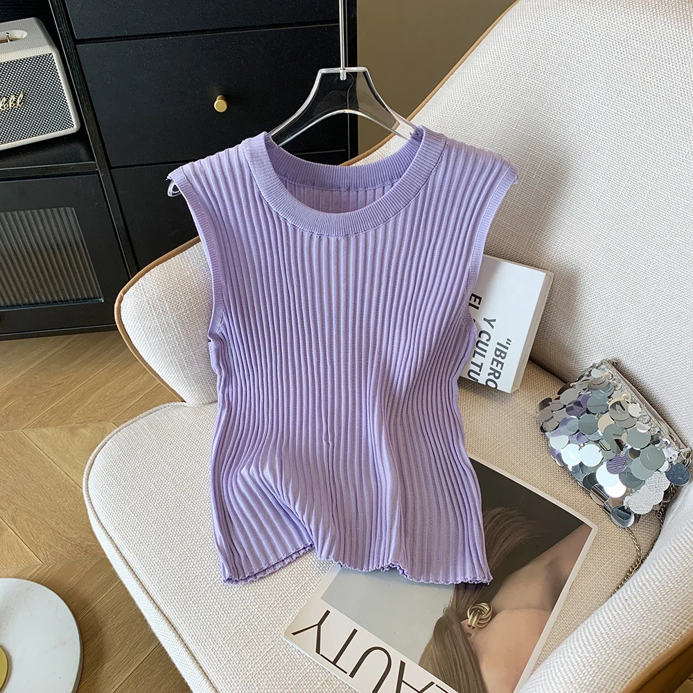 Womens Commute Comfortable Solid Knit Fishtail Skirt Suit Causal ONeck Sleeveless Top Elastic Waist 250515