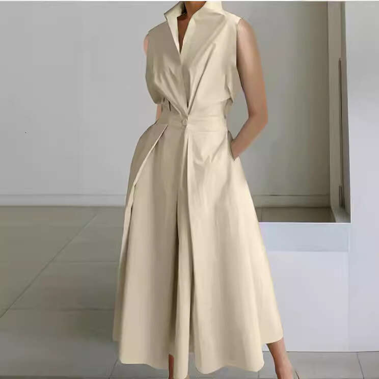 White Dress Maxi Dress 2024 Summer New Commuter Fashion Solid Color V-Neck Women's Button Large Hem Dress KQ