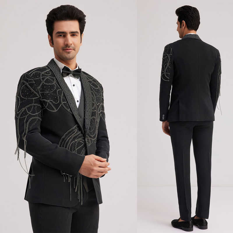 Fashion Beaded Wedding Tuxedos 2 Piece Set Jacket Pants Single Breasted Men Suit Designer Chain Groom Blazers Customized