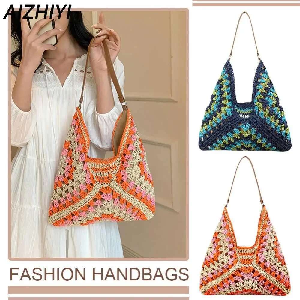 Women Handmade Woven Large Capacity Crochet Hobo Bags Stylish Granny Bag Patchwork Hasp Closure For Outdoor Travel