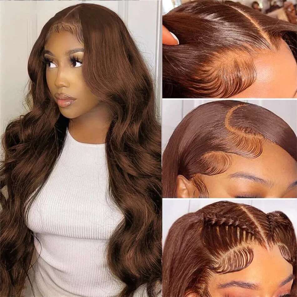 30 Inch Chocolate Body Wave 13X4 HD Front Human Hair Pre Plucked Brown Transparent Lace Frontal Wigs For Women