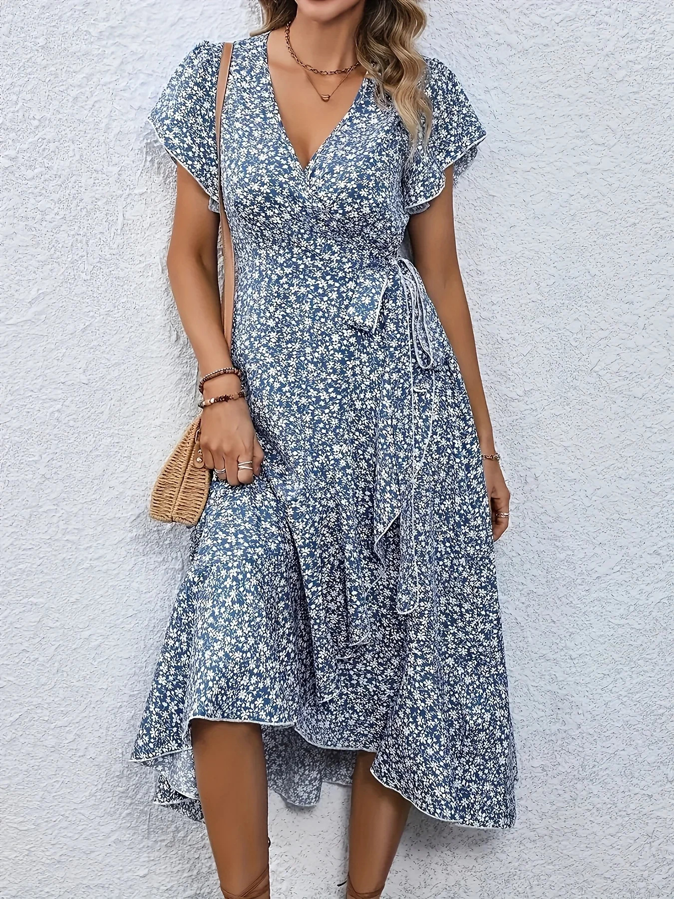 Plus Size 1XL-5XL Womens V-Neck Floral Print Dress Breathable Summer Casual Elegant Dress Sophisticated Style Long Beach Dress 250509