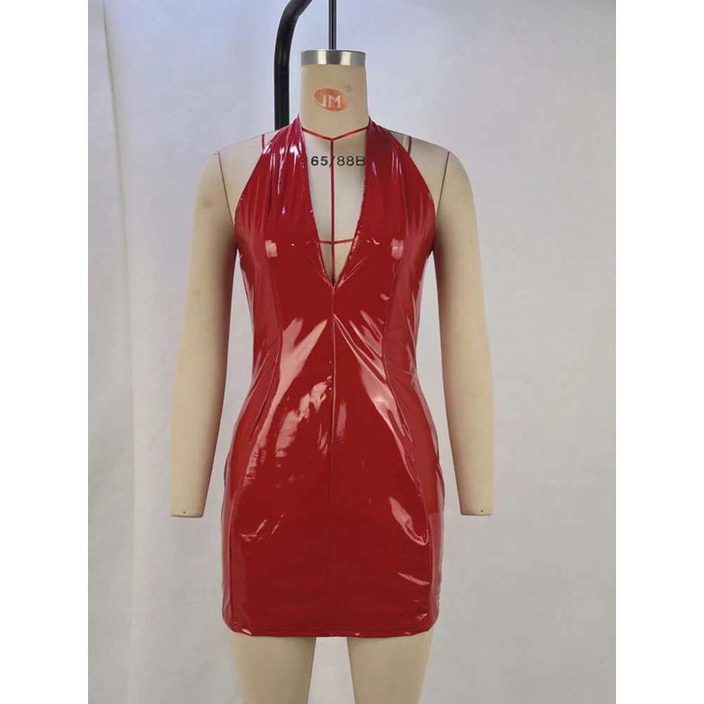 PU Patent Leather Deep V Neck Girdling Waist Slim Bodycon Women Sleeveless Skinny Mini Dress Evening Club Party