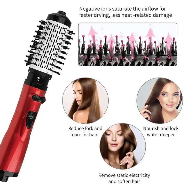 3-in-1 Styler Automatic Rotating Hot Air Comb Wavy Curling Straight Electric Curler Hair Dryer Volumizer Red