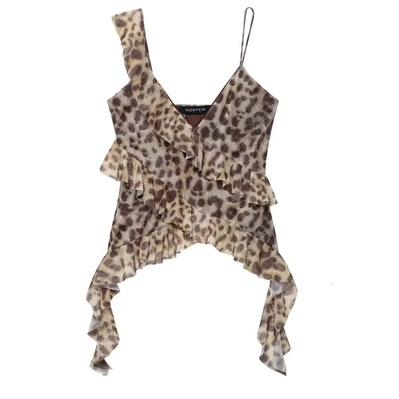 TRAF Leopard Crop Tops For Women Ruffle Sleeveless Printed Summer Backless Tulle Camisole Top Woman Sexy Asymmetrical 250515