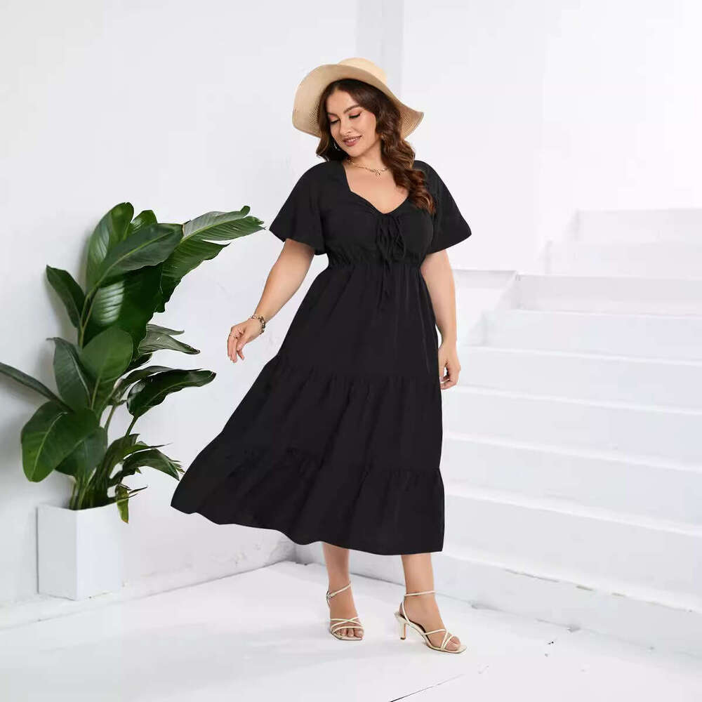 Plus Size Undefined Summer Dresses Tender Womens Dresses Buttock Devise Dresses for Woman Dress Designer V-neck High Waist Long Short Sleeve Large Siz