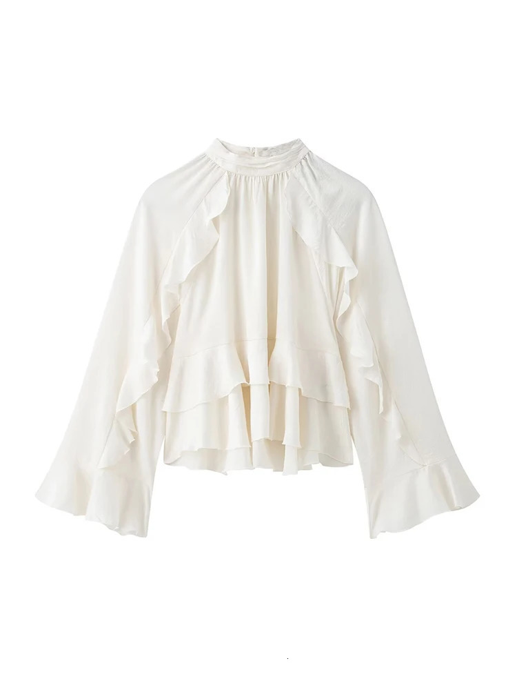 TRZA Womens Long Sleeve Ruffled Blouse Stand Collar Chic Fashion Top Elegant Female Shirt 250515