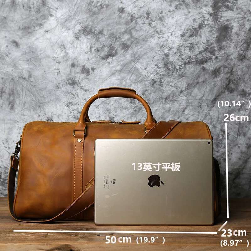 NZPJ Men's Retro Leather First Layer Cowhide Large-Capacity Travel Business Trip Handbag Shoulder Messenger Bag