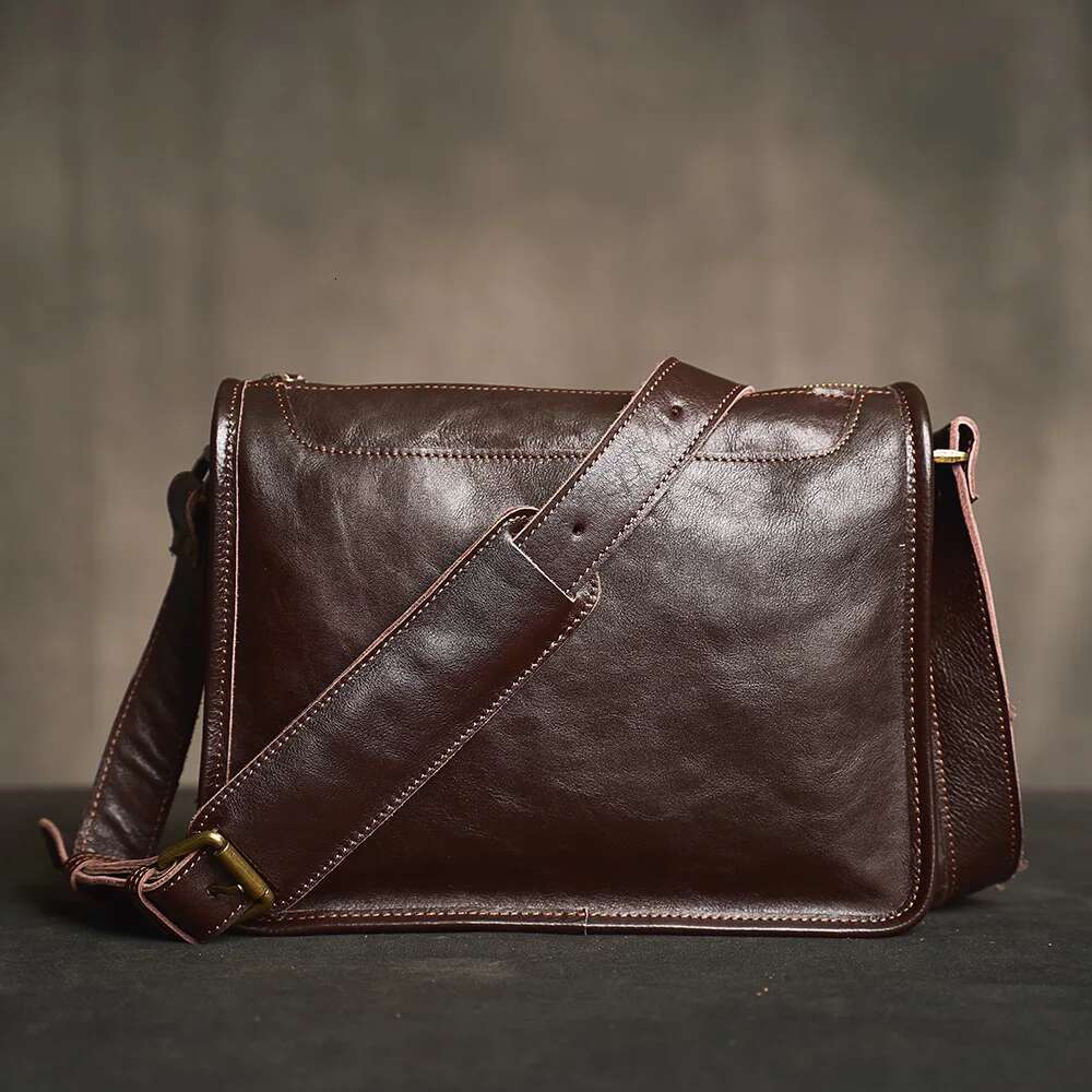 Genuine Men Shoulder Cowhide Leather Crossbody Casual College Style Messenger 12.9 Inch Laptop Bag
