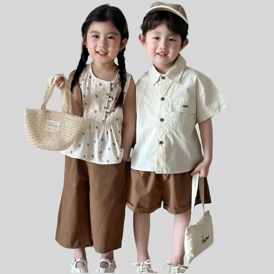 Summer Kids Cotton Clothing - Girls Sleeveless Love Print Top Brown Ankle Pants Boys Solid Shirt Shorts Sibling Set 250515